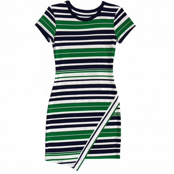 Almost Famous - Green, Navy & White Striped Bodycon T-Shirt Dress – Casual Fitte - Picture 1 of 5